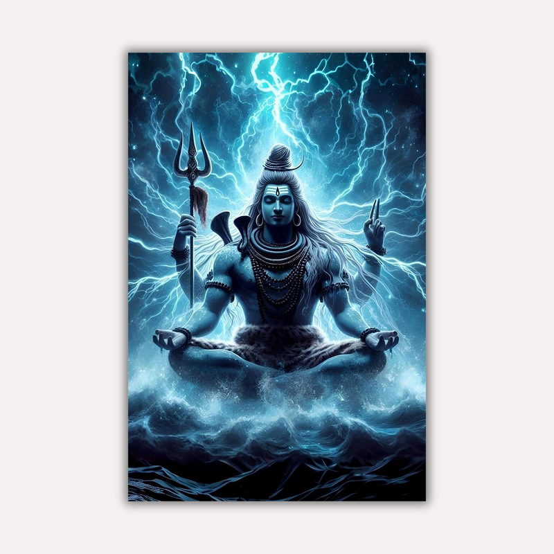 Mahadev Shiva Metal Poster - Meditating Shiva - Lightning Energy | Spiritual Wall Art India