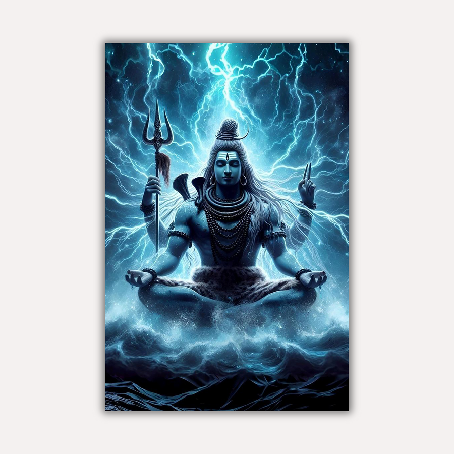 Mahadev Shiva Metal Poster - Meditating Shiva - Lightning Energy | Spiritual Wall Art India