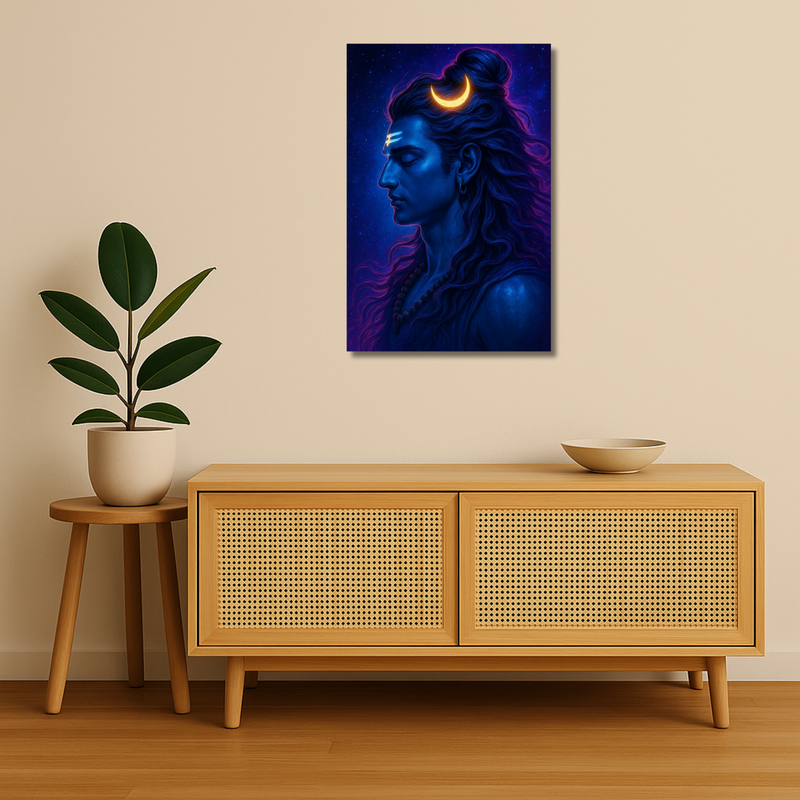 Indian Gods - Crescent Moon Shiva – Minimalist Blue Wall Art image 2