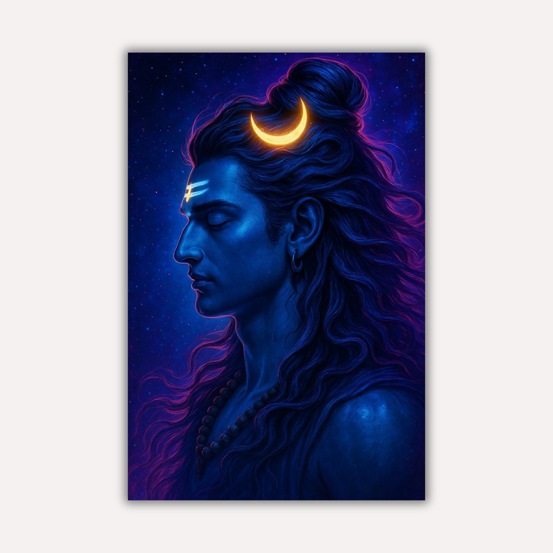 Mahadev Shiva Metal Poster - Crescent Moon Shiva - Minimalist Blue Wall Art | Spiritual Wall Art India