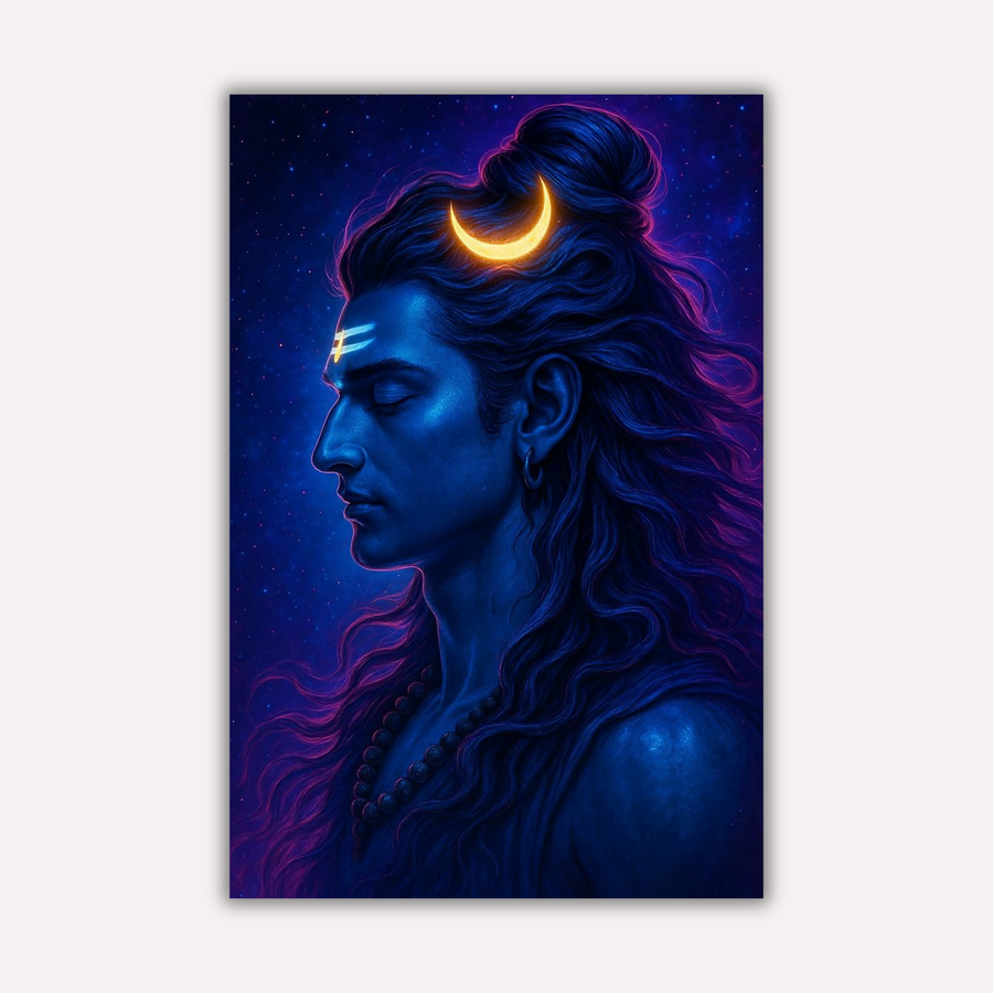 Mahadev Shiva Metal Poster - Crescent Moon Shiva - Minimalist Blue Wall Art | Spiritual Wall Art India