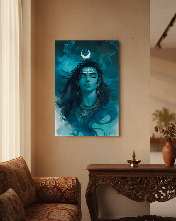 Mahadev Shiva Metal Poster - Tranquil Crescent Moon Shiva - Spiritual Wall Art | Spiritual Wall Art India