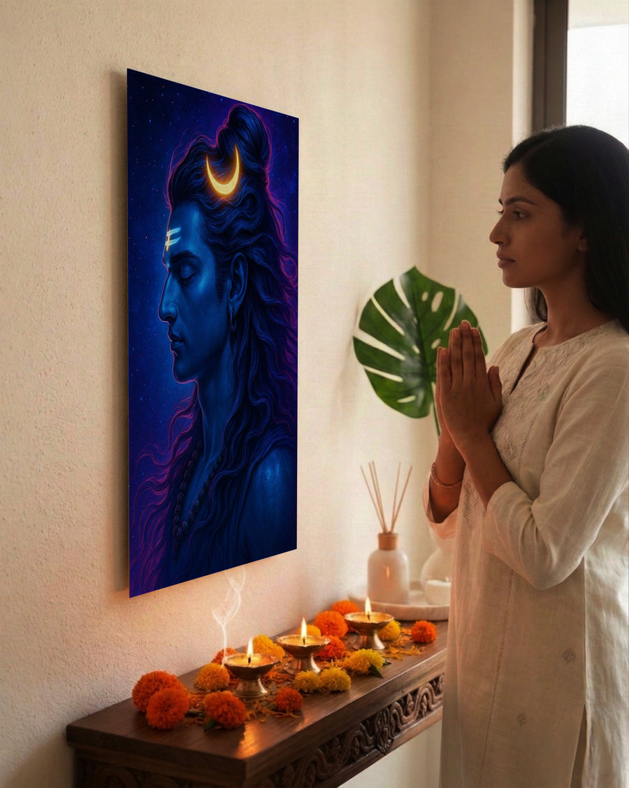 Mahadev Shiva Metal Poster - Crescent Moon Shiva - Minimalist Blue Wall Art | Spiritual Wall Art India