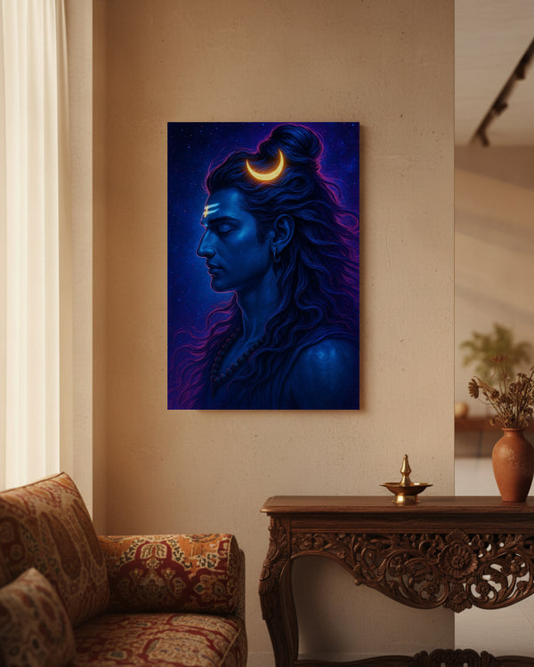 Mahadev Shiva Metal Poster - Crescent Moon Shiva - Minimalist Blue Wall Art | Spiritual Wall Art India