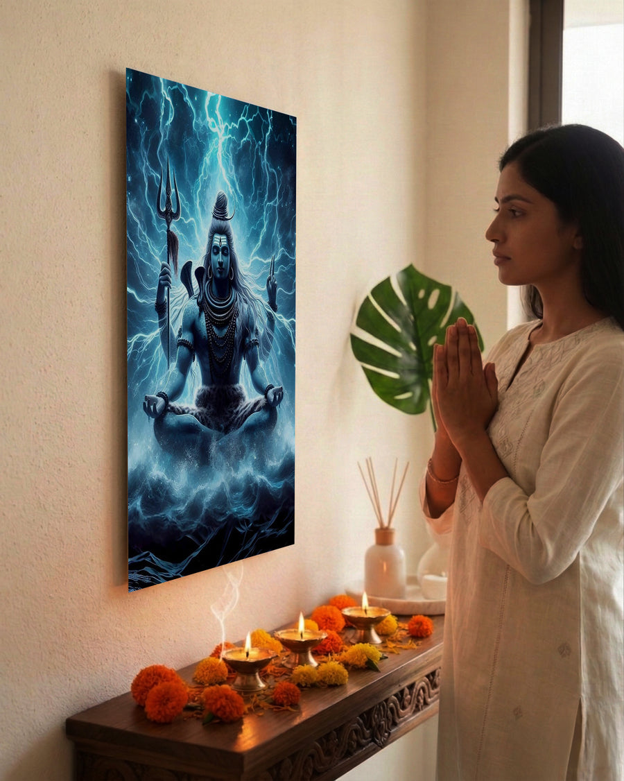 Mahadev Shiva Metal Poster - Meditating Shiva - Lightning Energy | Spiritual Wall Art India