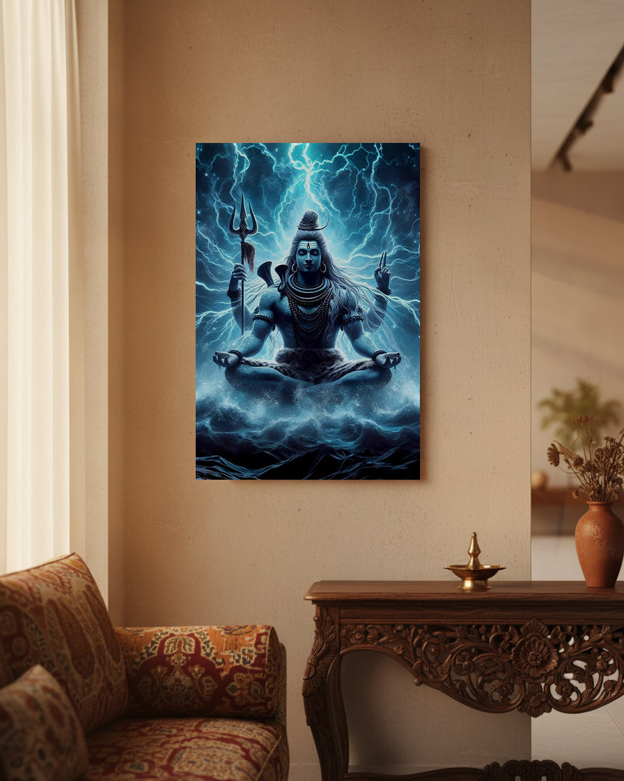 Mahadev Shiva Metal Poster - Meditating Shiva - Lightning Energy | Spiritual Wall Art India