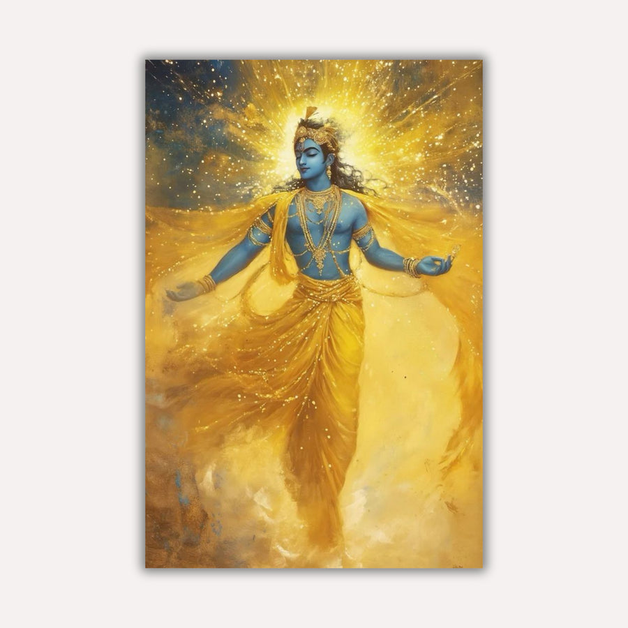 Krishna Metal Poster - Shri Krishna - Golden Aura of the Infinite | Spiritual Wall Art India