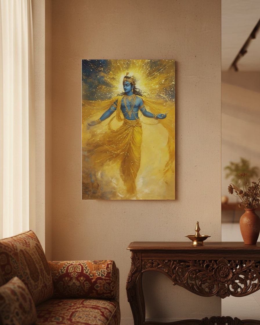 Krishna Metal Poster - Shri Krishna - Golden Aura of the Infinite | Spiritual Wall Art India
