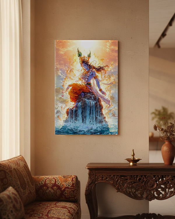 Krishna Metal Poster - Shri Krishna - Harmony of Fire & Flow | Spiritual Wall Art India