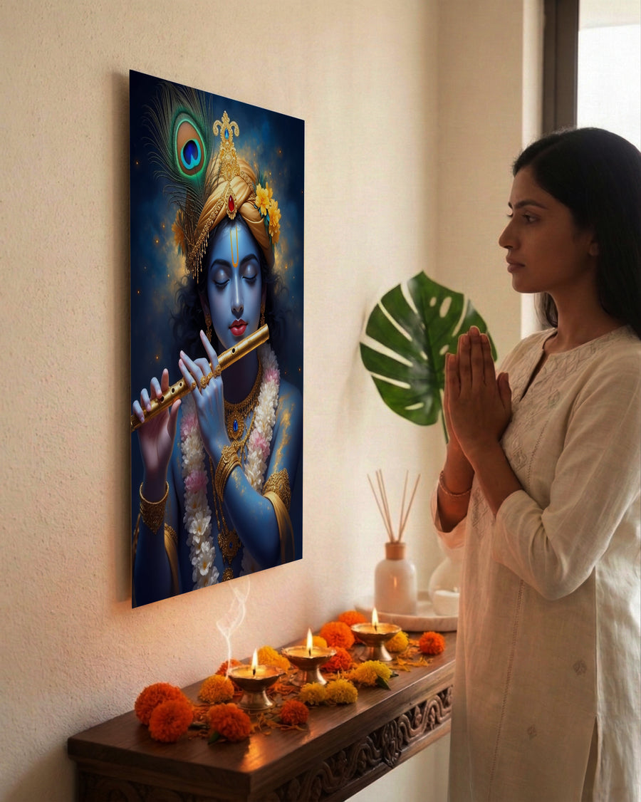 Krishna Metal Poster - Shri Krishna - Melody of Divine Bliss | Spiritual Wall Art India